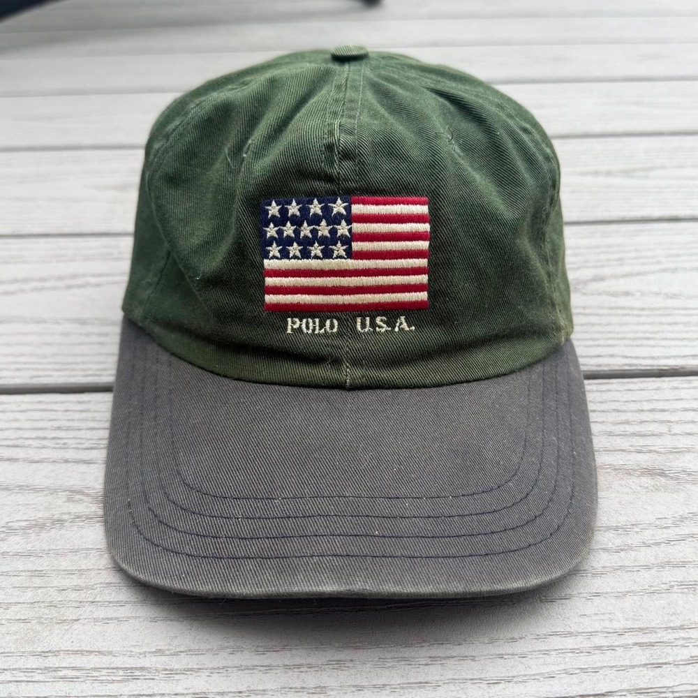 Vintage Polo Ralph Lauren USA Flag Hat Green Strap Back Made in USA 90s Prep